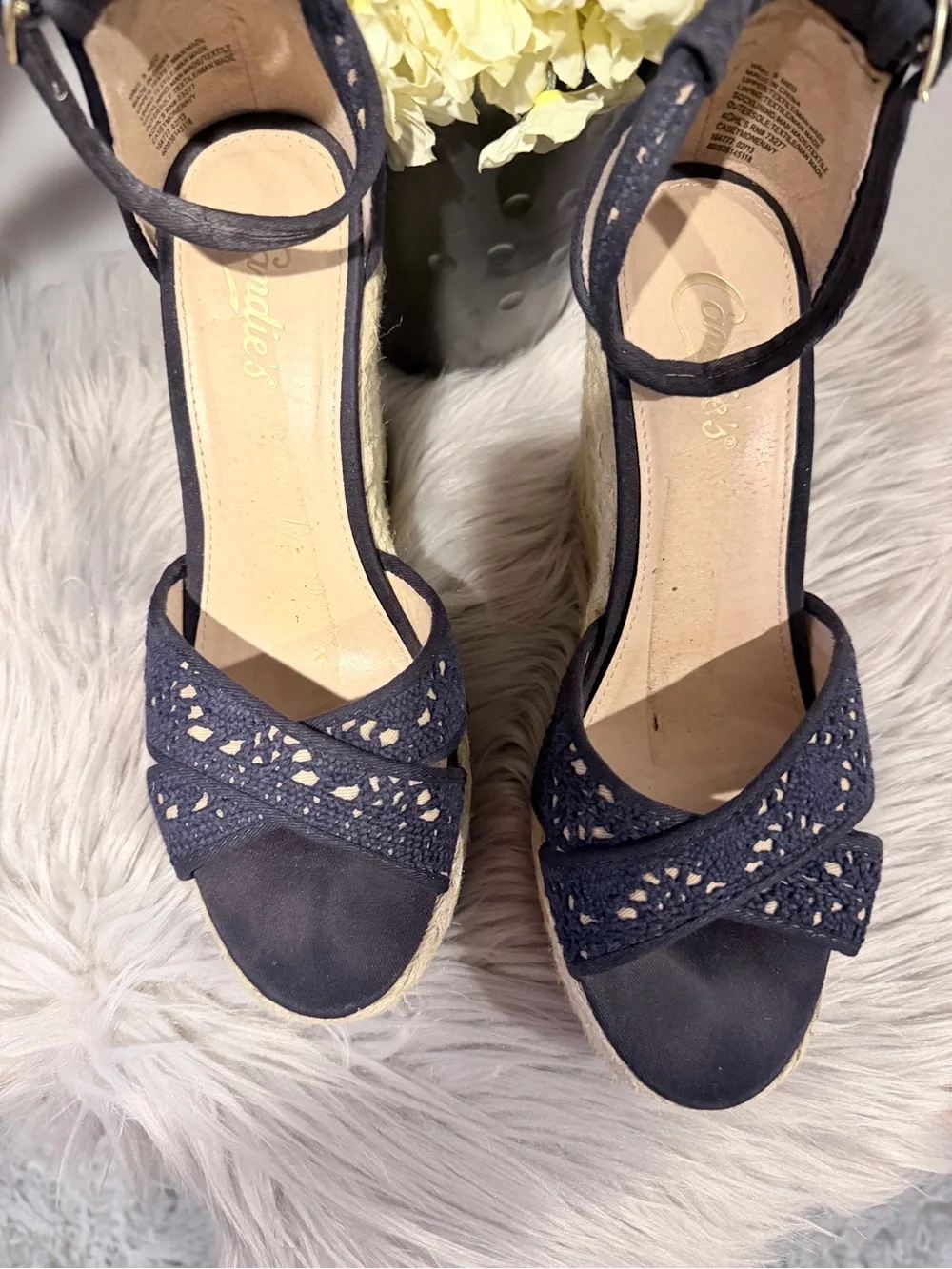Candie's Navy Espadrille Wedge Sandals with Ankle Strap